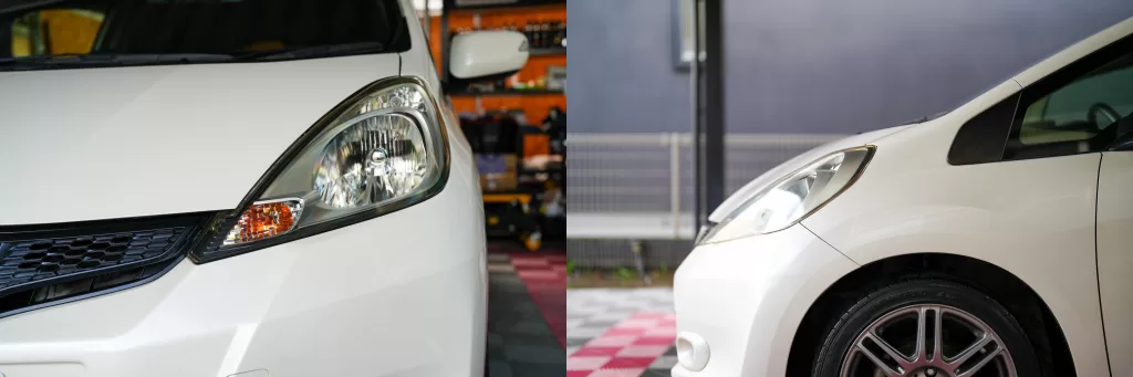 深谷市 洗車 ホンダ フィット フロント仕上がり 施工前後 比較