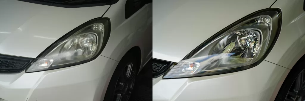 深谷市 洗車 ホンダ フィット ヘッドライト曇り 施工前後 比較